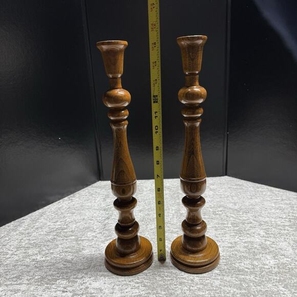 Vintage hand turned wooden Pair of candlesticks 15.5” T Excellent Timeless - Picture 3 of 13